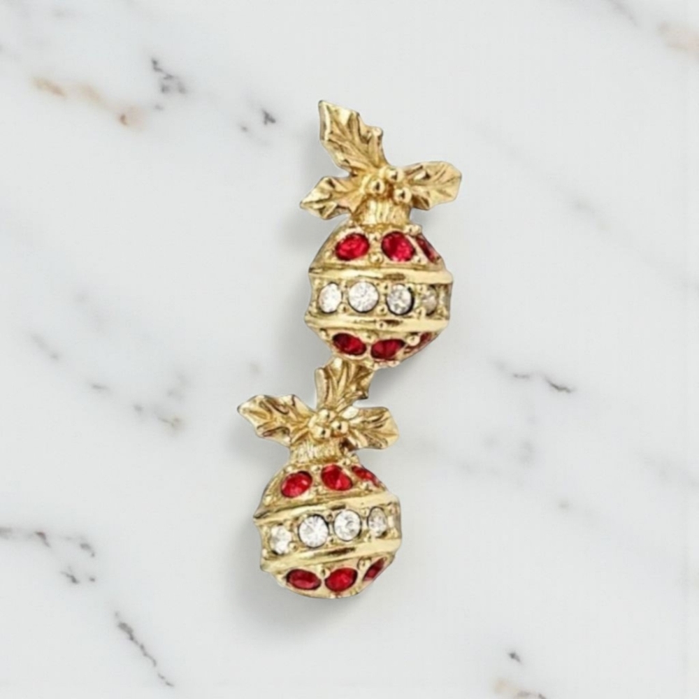 VINTAGE Rhinestone Ornament Post Earrings Red Gold Sparkle Retro